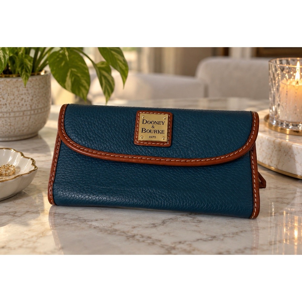 Dooney & Bourke Pebble Grain Continental Wallet Teal Blue Tan Leather Clutch